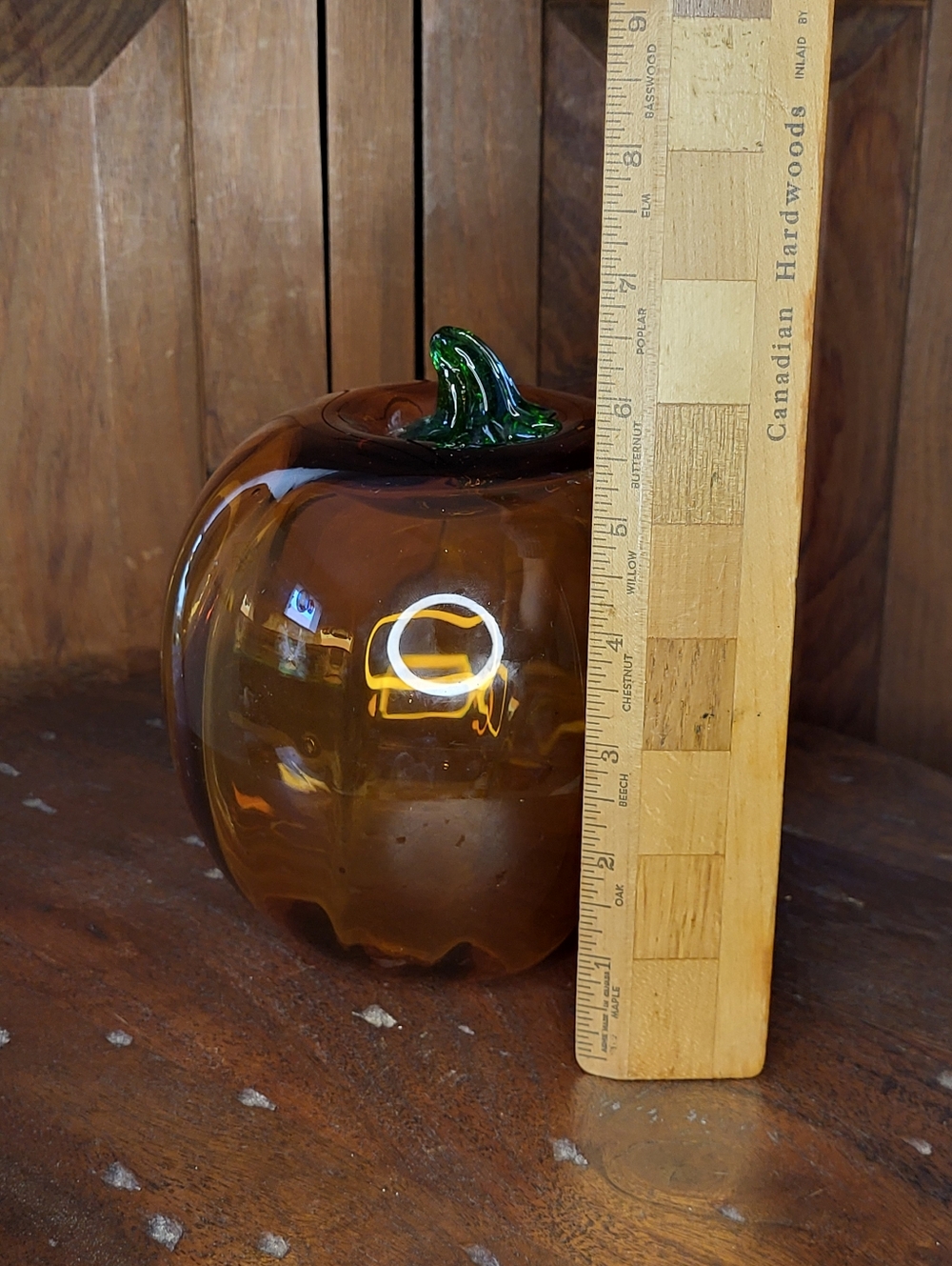 Hand-Blown Amber Glass Pumpkin Décor with Green Stem - Picture 4 of 11